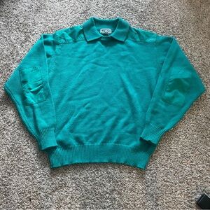 Vintage 80s Teal Green Commando Army Collared Chunky Knit Sweater Sz XL